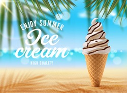 Vanilla ice cream cone on palm beach. Vector ad poster with realistic 3d icecream in waffle cup with chocolate topping stuck in sand with palm tree branch shadow on blurred seascape summer background
