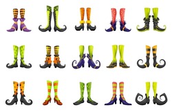 Cartoon legs of fairy witch sorceress or elf and enchantress, vector gnome boots. Halloween witch legs in striped stockings and shoes with buckles, fairy hag or hex sorceress magic boots