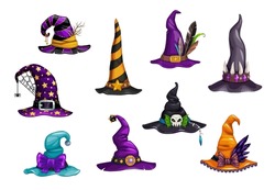 Cartoon witch, magician and wizard hats or caps. Halloween holiday carnival vector hats. Fantasy character, sorcerer or mage costume element with spider web, buckle and bow, feather, gems and teeth