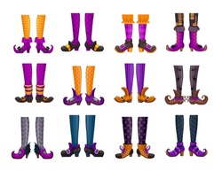 Cartoon legs of fairy witch or sorceress hellcat, elf or enchantress, vector icons. Witch legs in stockings and fairy boots or shoes with buckle buttons, Halloween witch or hellcat enchantress feet