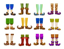 Cartoon legs of gnome, elf, wizard, magician and warlock, wiz and sorcerer. Isolated vector feet and shoes of fairy magic characters with funny striped pants, socks and stockings, boots and tights