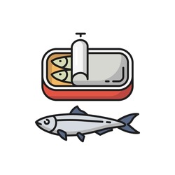 Sardines in tin can isolated fish, Portugal food flat cartoon icon. Vector Portuguese national food, seafood product packaging. Canned anchovy in oil, iwashi conserve. Herring in metal package