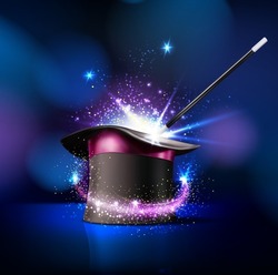 Circus magician top hat and magic wand trick with sparkling light, vector background. Circus show or funfair carnival poster with magician illusionist or wizard cylinder cap and wand with magic shine