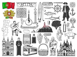 Portugal Lisbon travel, Portuguese vector icons of tram, food and fado music, culture and city landmarks. Portugal travel flag, map and and rooster symbol, Lisboa traditional sardines and architecture