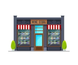 Wine store building, vector store front with alcohol bottles on shelves and canopy over window, glass door and signboard. Isolated storefront facade graphic design. Alco winery, market house exterior