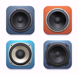 Sound speaker app icon, audio music system or player, vector loudspeaker. Acoustic sound speaker or stereo subwoofer and DJ boombox radio amplifier application icon for mobile phone interface