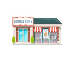 Bookstore shop building showcase. City street one-storey store building, local business commercial property storefront window with signboard, color awnings and books on bookshelves, open sign