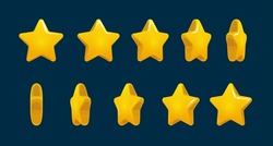 Golden star rotate animation, animated game sprite. Vector gold ui rate stars sequence frame, gui design elements yellow golden glossy assets for app user interface and score display, isolated bonus