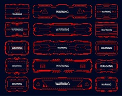 Warning, attention, alert, caution and danger zone red frames. HUD interface danger warning vector frames, game SCi-Fi caution call out title. GUI safety system message, interface alarm red panels set