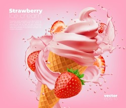 Soft strawberry ice cream cone with swirl splash. Vector ads promo poster with realistic icecream in waffle cup with berries and pink splashing sauce. Sweet creamy dessert, dairy frozen summer dessert