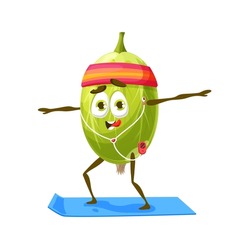 Cartoon gooseberry character on yoga or pilates fitness sport exercise. Vector ripe berry with funny smiling face in standing yoga pose, cute gooseberry with music player and headphones