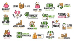 Money, cash, coins, savings, exchange and payment icons, vector dollar currency symbols. Bank finance and money business signs of credit card, money bag or piggy bank and financial payments