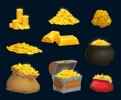 Cartoon golden coins, nugget, chest and wallet, bag and pot of gold game asset. Pirate treasure, sparkling gold pieces, vector isolated fantasy game mobile application ui elements. Cash money bonus