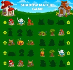 Shadow match game vector worksheet of cartoon gnome and elf houses or dwellings. Kids puzzle, find correct silhouette riddle or quiz on meadow with mushroom, carrot, teapot fairy homes