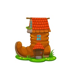 Cartoon fairytale boot house building. Forest pixie or gnome home, fairytale leprechaun dwelling in old shoe, isolated vector fantasy or magic hut, shack or house with porch, lawn and tiled roof