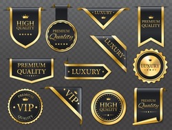 Premium, luxury golden labels, banners and ribbon corners, vector premium quality badges. Luxury tags and VIP product gold emblems or sticker seals with premium quality star and crown on silky