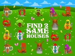 Find two same fairytale magic houses and dwellings, kids game puzzle. Vector worksheet of matching quiz with cartoon teapot, strawberry, apple and cabbage houses, shoe and windmill homes of elves