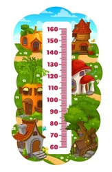 Kids height chart ruler with cartoon gnome and elf houses. Vector measure meter of child growth, cute wall sticker with fairy village, meter scale and homes made of mushroom, carrot, tree and shoe