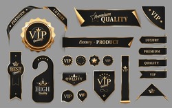 Golden luxury labels and banners. Vector premium quality badges, ribbons, curly corners, tags and vip product gold emblems or sticker seals with stars and crowns on glossy silky surface isolated set