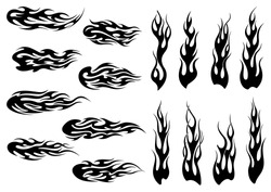 Black fire flames in tribal style with long swirls for tattoo and vehicle decoration design