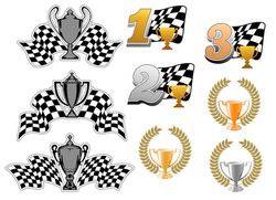 Set of motor sport and racing  icons with 1st, 2nd and 3rd places, trophies, wreaths and checkered flags for championship awards