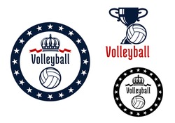 Volleyball sport game heraldic emblems with round frame, royal crown, trophy cup and white ball for sports design