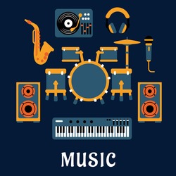 Musical instruments and sound equipment with drum set, headphone, saxophone, microphone, synthesizer, dj turntable and loudspeakers flat icons with caption Music bellow