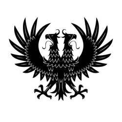 Double headed black eagle symbol with raised wings and wide open beaks with long tongues. Medieval royal heraldry or coat of arms design usage