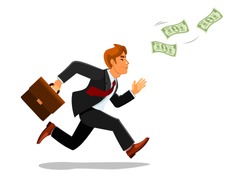Cartoon businessman with suitcase or bag chasing or running for money banknotes or bill, greenback.