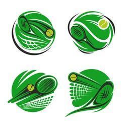 Tennis sport symbol of sporting competition. Tennis ball, racket and net on green court round icon for championship tournament and sport club emblem design