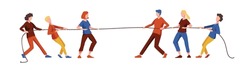 Male and female characters: tug of war competition, battle for leadership, business contest, rivalry, challenge concept. Vector corporate rivalry and conflict in cartoon style.