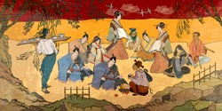 Tradition and culture of Asia. Classic wall drawing. Murals and watercolor asian style. Ancient China and Japan. Oriental people. Tea ceremony. Samurai warrior and geisha. Traditional paintings 