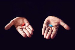 Red Pill Blue Pill concept. The right choice the concept of the movie matrix. The choice of tablets.