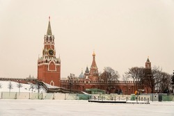 Winter view of Spasskaya and Tsarskaya towers of the Moscow Kremlin. Moscow, Russia
