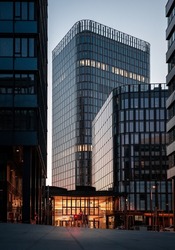Modern buildings in office district during evening