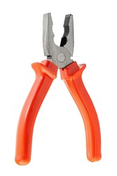 metal pliers with red rubber handles isolated on white background