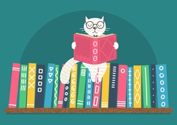 Bookshelf with fantasy clever white cat reading book on teal background.  Vector illustration.