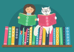 Little girl and white clever cat read books on bookshelf. Different color books with ornament on shelf on teal background. Education vector illustration.