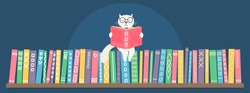 Fantasy white cat reading book sitting on bookshelf  on dark blue background. Fairy-tale vector illustration.