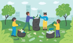 Group of children cleaning up city park. Ecology, environment copncept. Vector illustration.