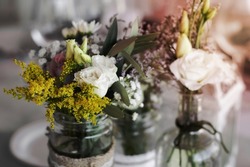 flowers arrangement and decoration rustic interior design in wedding table detail