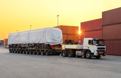 heavy oversize cargo truck Loading  new locomotive