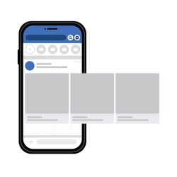 Smartphone with social media interface, photo carousel post on social network. Mock up of basic user newsline. Vector illustration