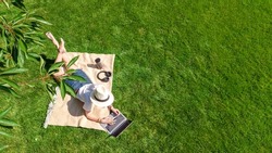 Young woman using laptop computer in park, student girl freelancer working and studying online outdoors sitting on grass with headphones and laptop, aerial drone view from above