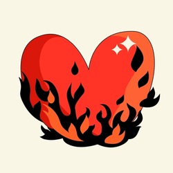 Red heart with flames. Vector flat illustration. Modern vector illustration in retro style. Symbol of passion and love. Bright shining blazing heart