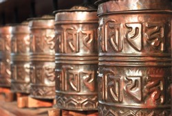 Tibetan prayer wheels at Stupa of Epuyen.The stupa, or Buddhist temple, of Epuyén is the largest and southernmost in the country. It has perfect geometry.