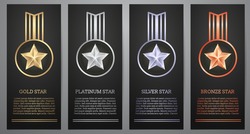 Set of  black banners, Gold , Platinum ,Silver and Bronze stars, Vector illustration.