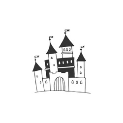 Big castle illustration. Vector sketch black and white object. My home is my castle.