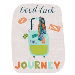 Vector travel card template with suitcase. Greeting postcard with hand drawn lettering. Good luck in your journey. For t-shirts print, poster, banner, postcard designs.