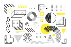 Universal trend halftone geometric shapes set juxtaposed with bright bold yellow elements composition. Design elements for Magazine, leaflet, billboard, sale
